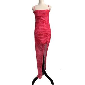 NWT Pink Strappy Cowl Neck Semi Sheer High Slit Ruch Mid Short Slip Dress-Medium